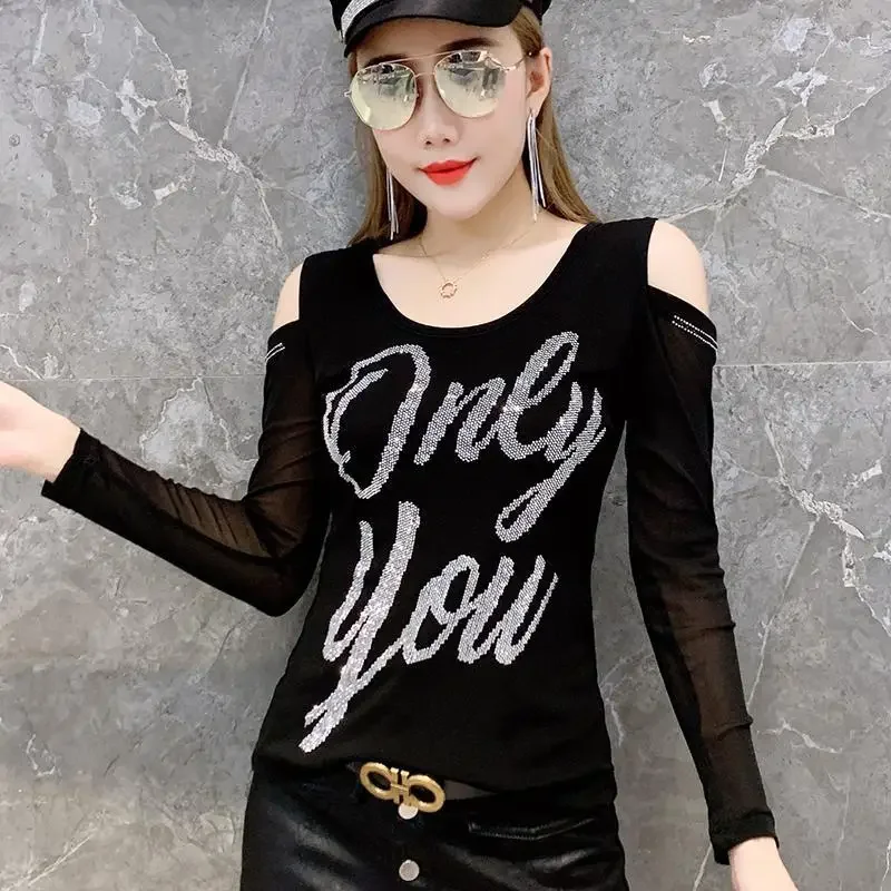 Y2k Clothes Spring Autumn Sexy Tops New Letter Diamond Tees Strapless Mesh Slim Tops Women T-shirt Bottom Shirt Long Sleeve Coat