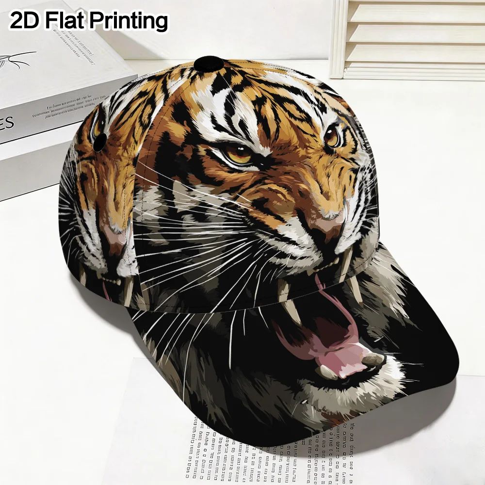 2D Flat Fierce Roaring Tiger Print Snapback Cap Offers Full-Body Vibrant Design Made from Polyester,Perfect for Sports Running