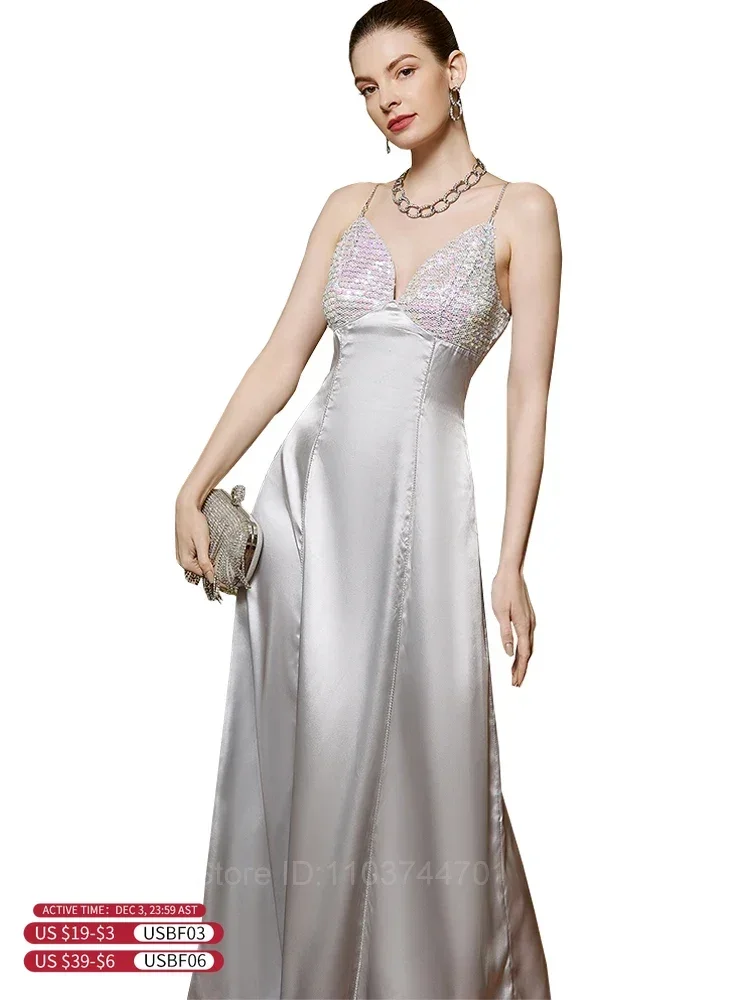 

Silver Sequin Evening Dress Elegant Women Spaghetti Strap Backless Bodycon Party Prom Mermaid Dresses Long Formal Gown