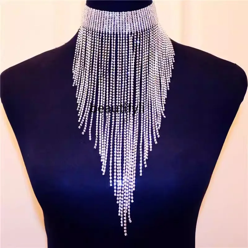 European and American fashion simple versatile neck chain luxury rhinestone fringed necklace sexy bar accessories