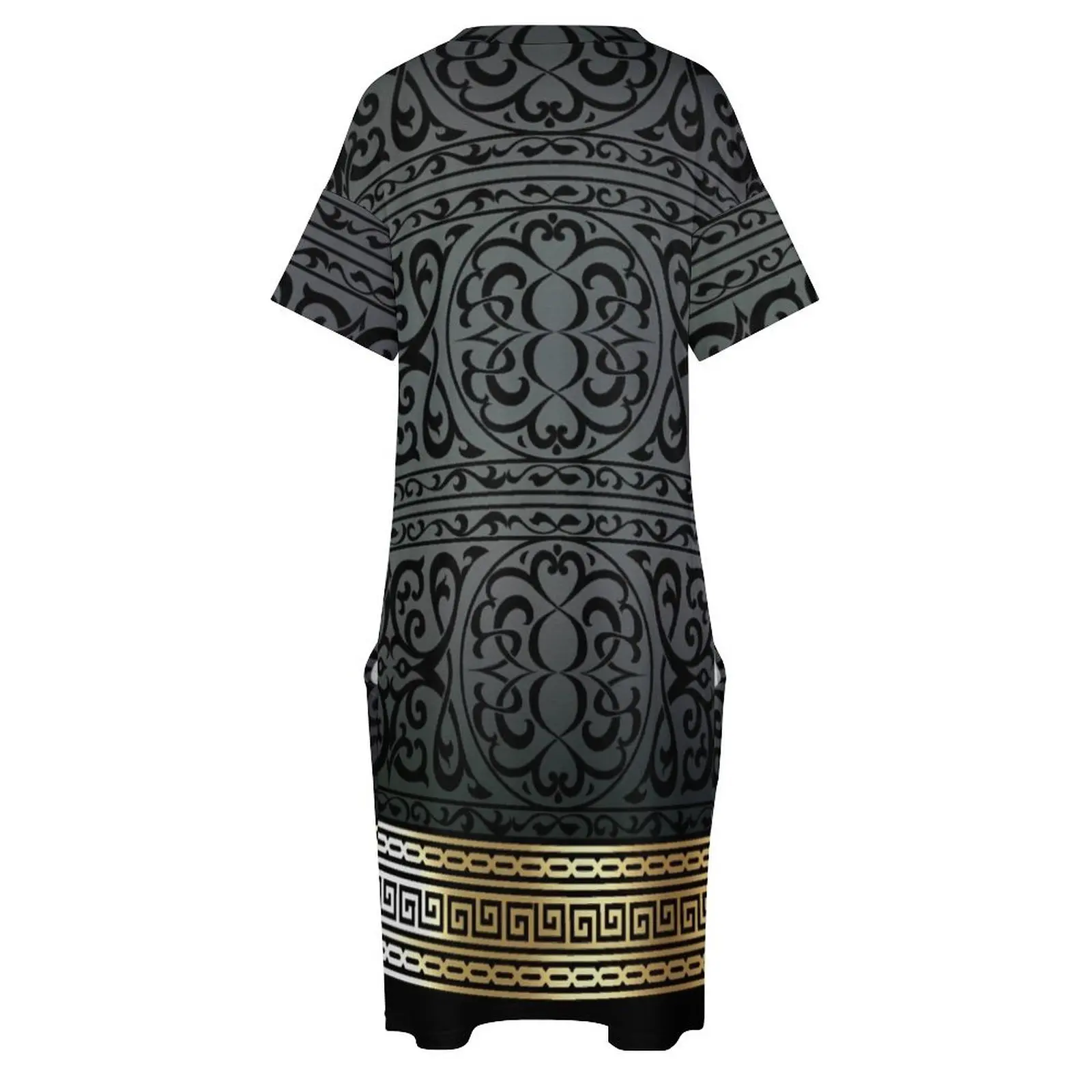 Greek Key Ornate Black & Gold Loose Pocket Dress dress women summer dress party night Casual dresses