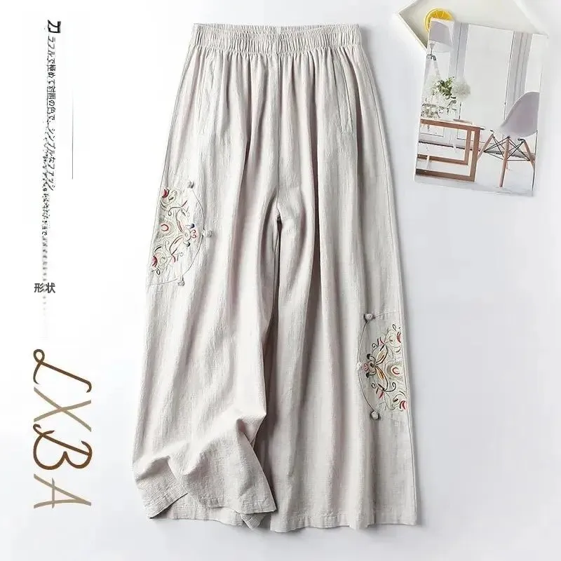 Summer Cotton Linen Casual Pants Women's Thin Embroidered Wide Leg Nine Point Loose Fit High Waist Korean Style Commute Pants