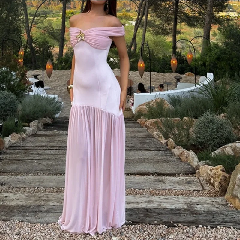 

2026 New Temperament Tube Top Long Dress Off-the-shoulder Mesh Stitching with Hip-wrapped Dress Women