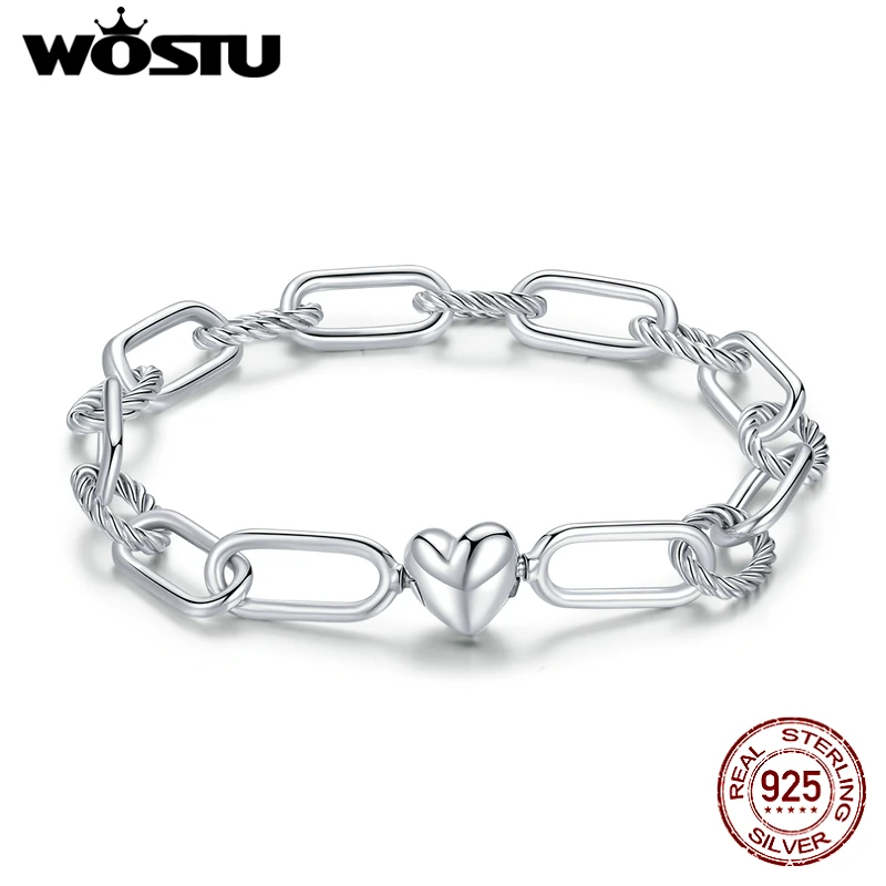 WOSTU 100% 925 Sterling Silver Heart Hollowed Bracelet Fit Original Charms Women DIY Jewelry Extra Links Customized for VIP