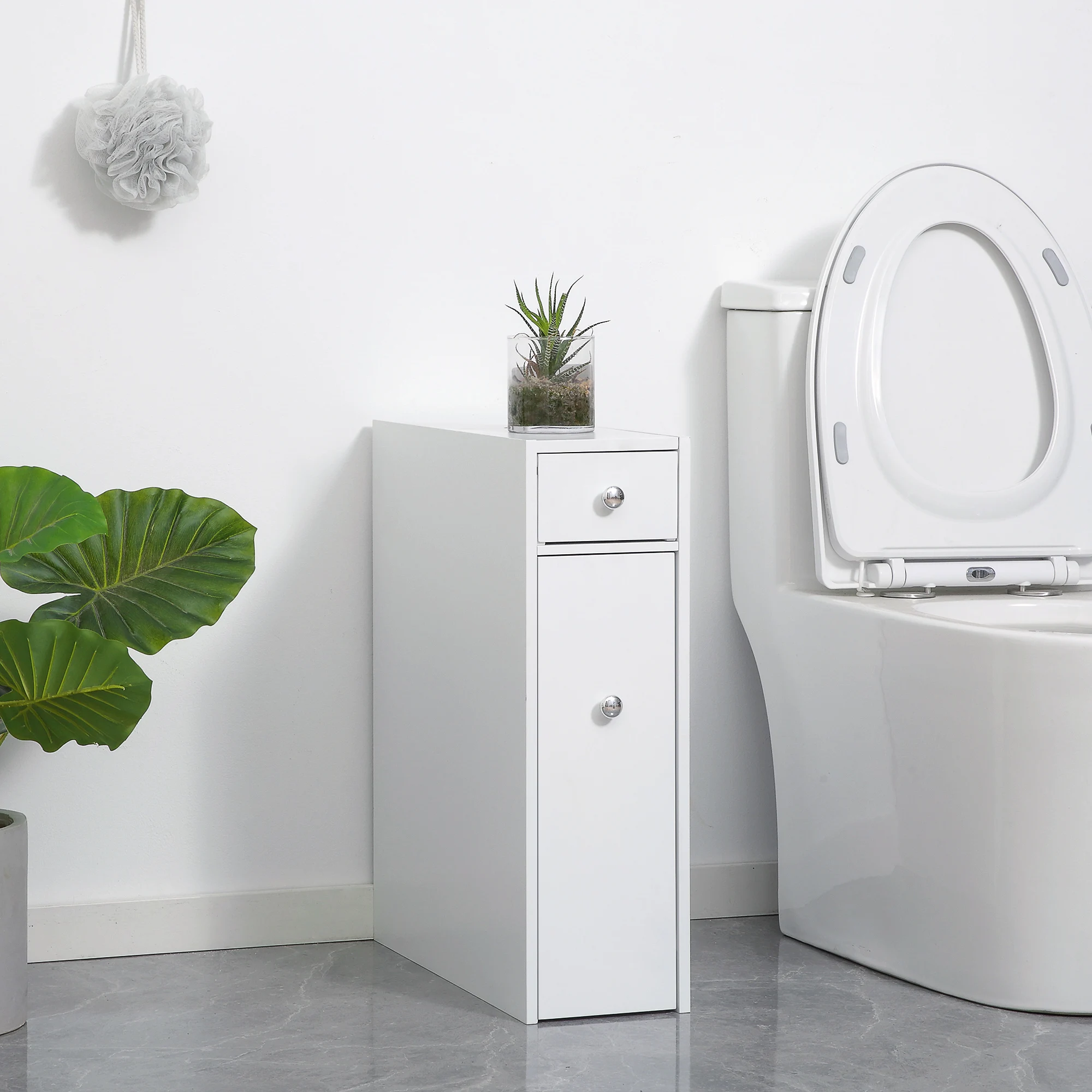 Zones com HOFloor-Armoire de rangement étroite, porte-papier hygiénique, égouttoir de proximité, blanc