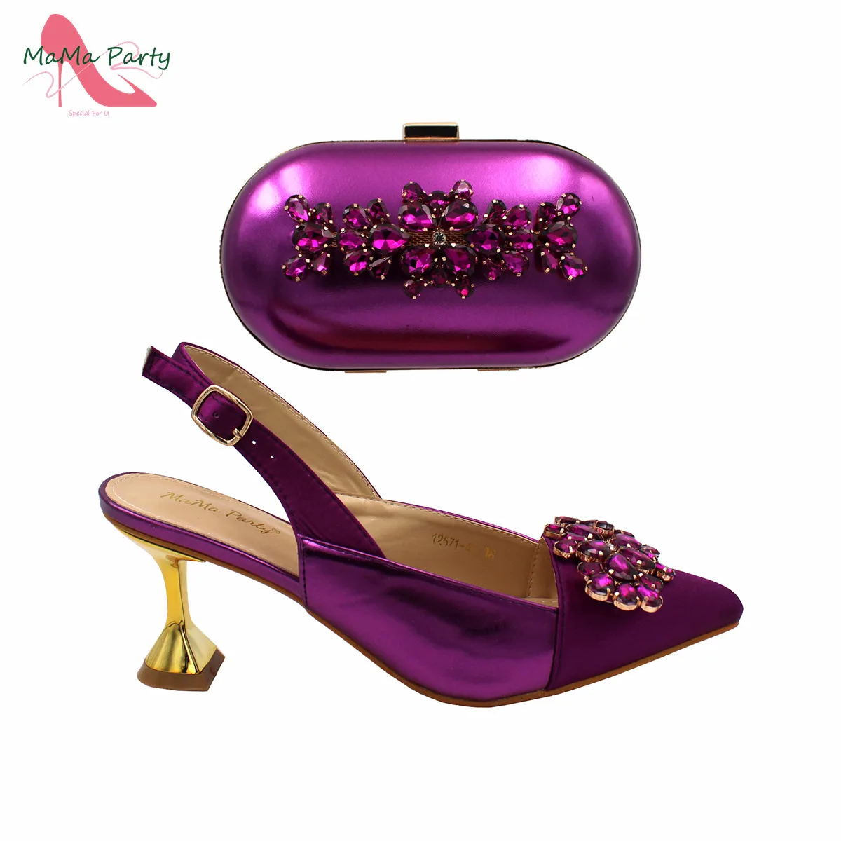 Purple Color High Quality Italian Design Shoes and Bag Set with Shinning Crystal Pointed Toe Pumps for Wedding