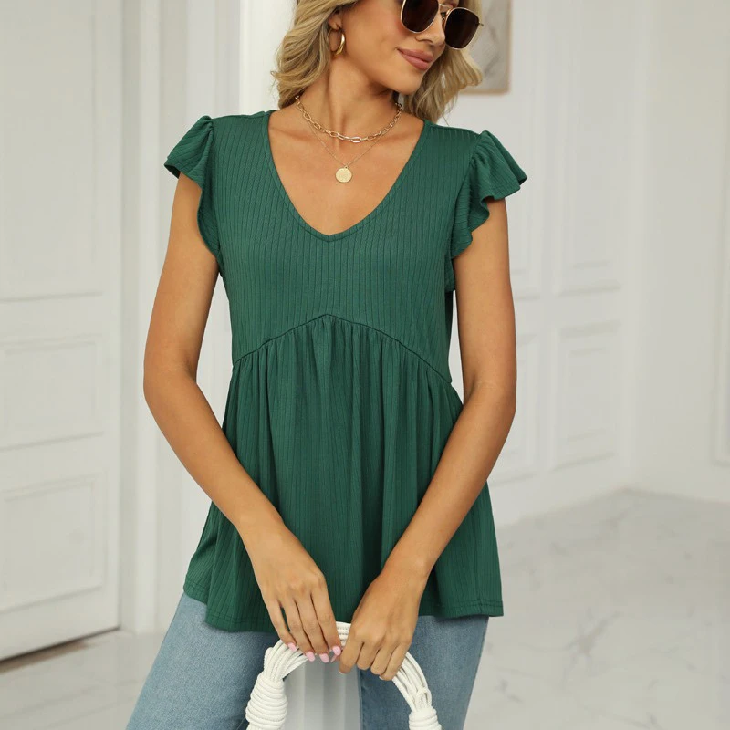 Summer Cute Babydoll Bloues Flare Tunic Loose Peplum Pleated V Neck Short Sleeve Plain Woman Tshirts Knit Rib T Shirt Tees Top