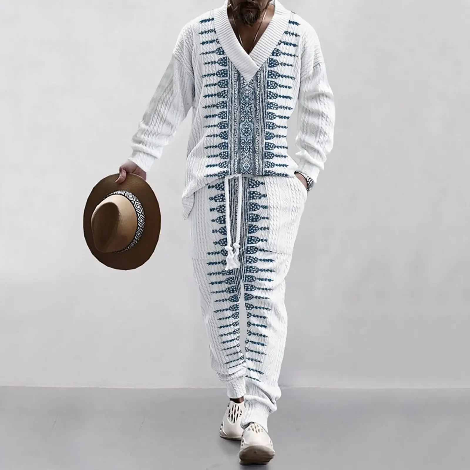 

Men's American Retro Technology Printing Conventional Fabric Loose V-neck Casual Long Sleeve Pants Men's Wear