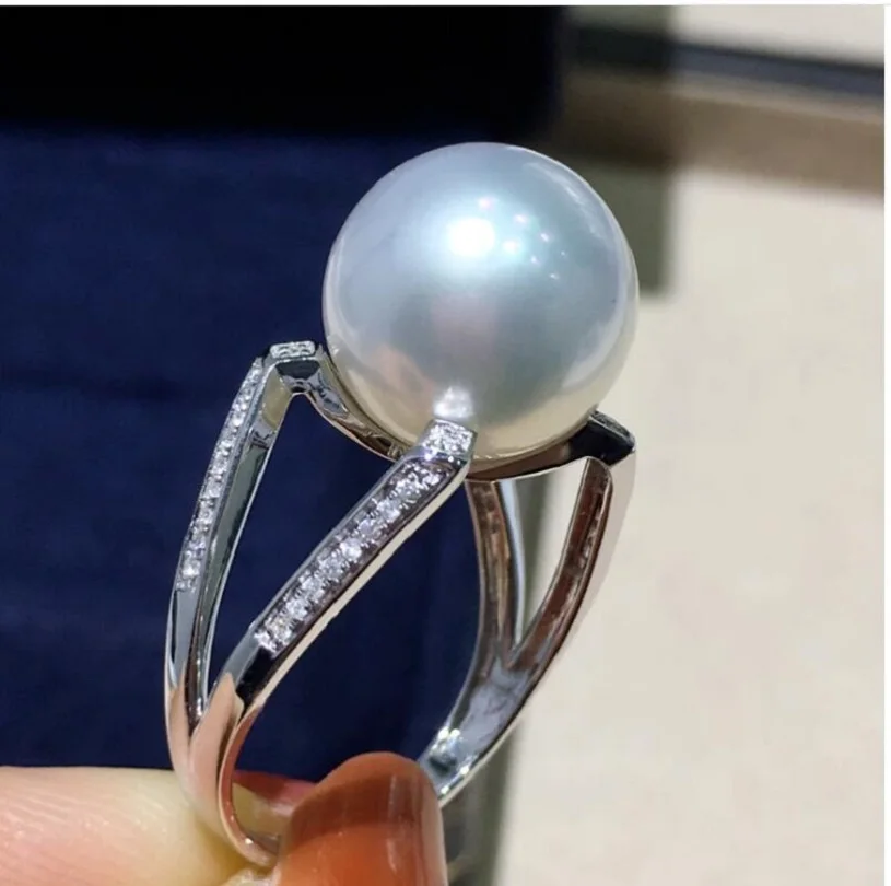 Giant Natural AAAA 11-12mm South China Sea White Round Pearl Ring 925S