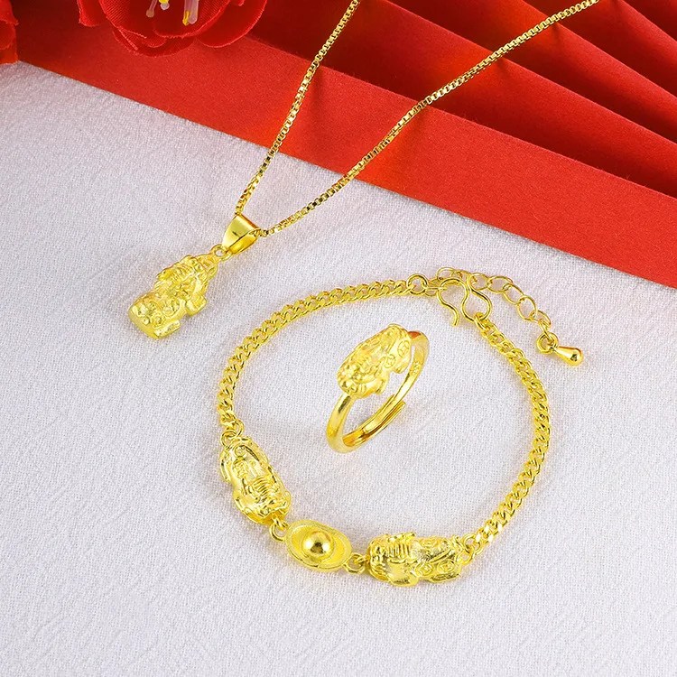 

Pixiu Pendant Set 9999 24K Real Gold Women's Gold Ingot Leather Mound Bracelet Ring