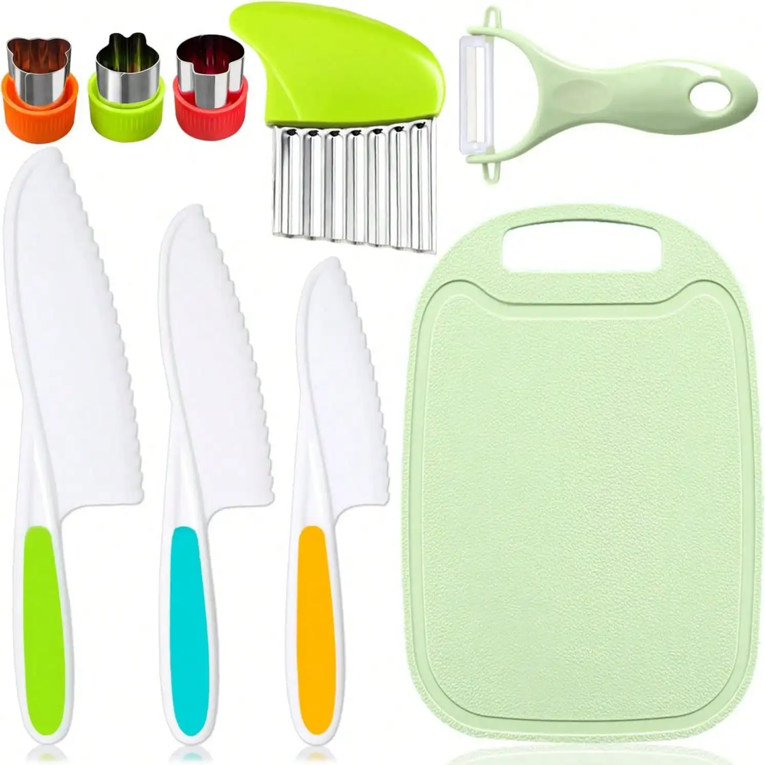9/13 Pieces Kitchen Tools For Cooking Sets For Real Cooking With Plastic Safety Knives Crinkle Cutter Cutting Board