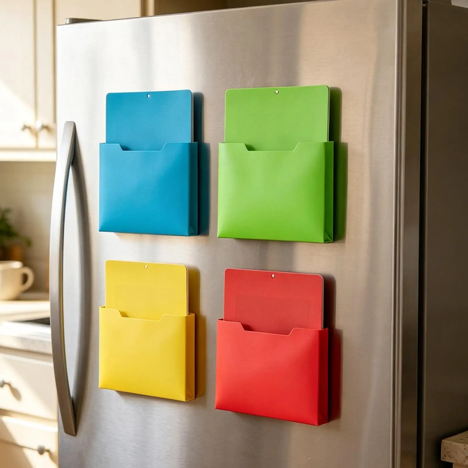 No-Drill Magnetic File Holder 4pcs Colorful Paper Organizer For Refrigerator, Strong Magnet Document Storage For School Office
