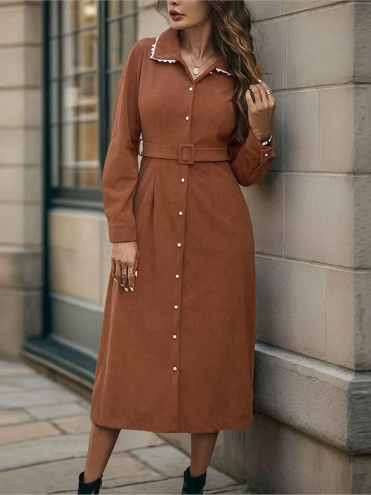 

Retro Dress Vestidos Dresses 2025 Woman Vestido Femininos Elegant French Temperament Turn-down Collar Long Sleeves Solid Color
