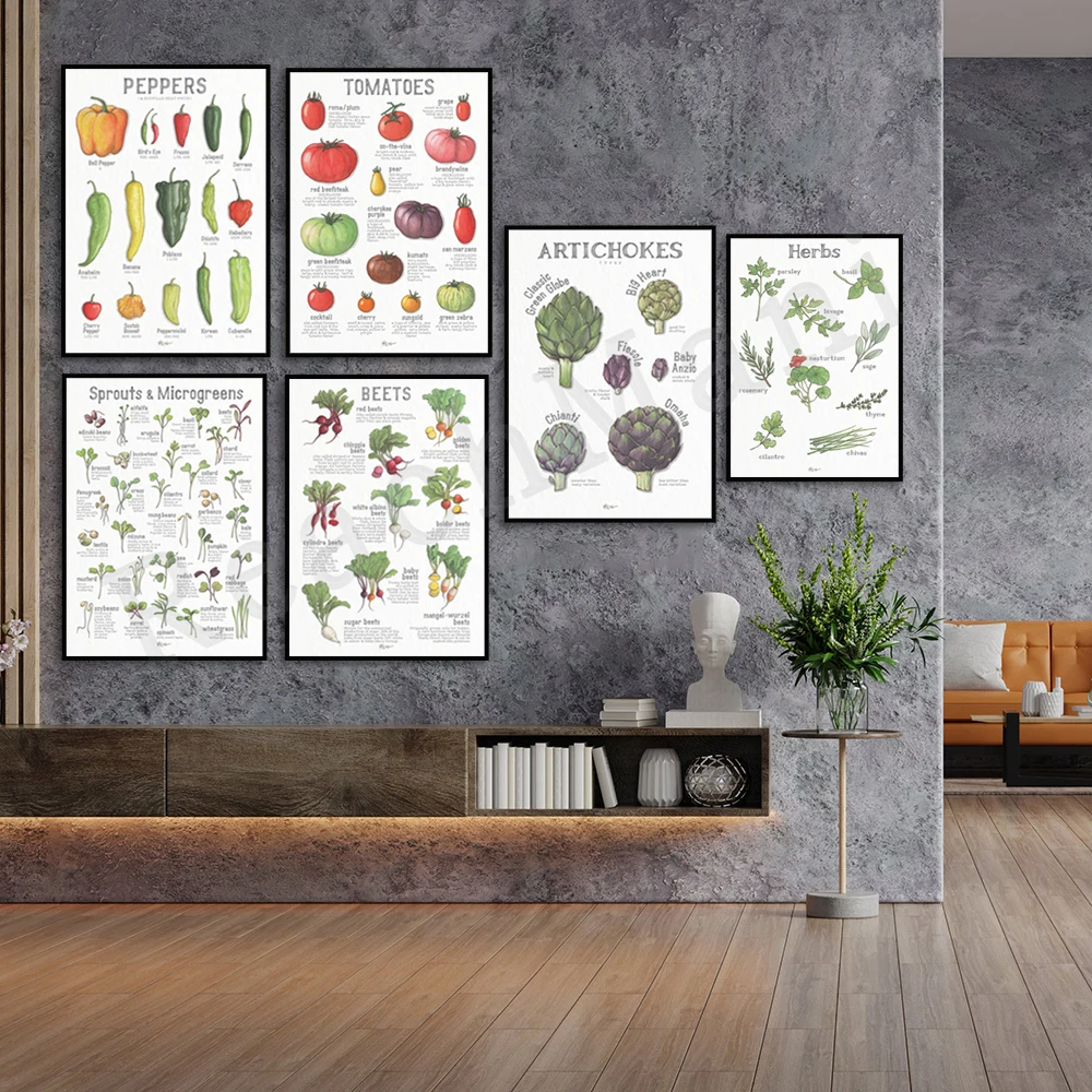 Art Print Poster - Vegetables Illustrations - Home Decor - Green Purple White Jersey Wild Theme - Food Art Poster