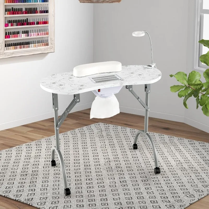 Portable Nail Table, Foldable Nail Technician Desk w/Electric Dust Collector, Bendable LED Lamp, Removable Armrest Pad,