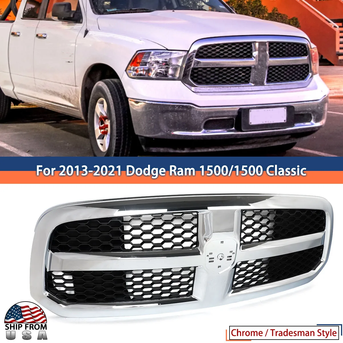 Chrome&Black Front Bumper Grille For Dodge Ram 1500 2013-2021 Tradesman Chrome Front Radiator Grille Shell Honeycomb Upper Grill