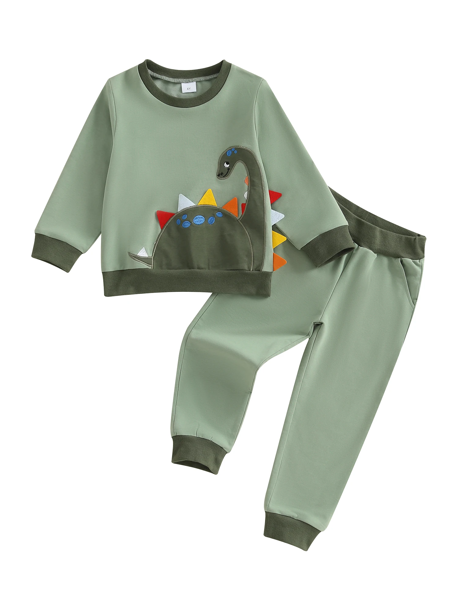 مجموعة الخريف للأطفال الصغار مكونة من قطعتين مع تطريز دينو لطيف على سويت شيرت وسراويل متطابقة - ملابس أطفال رائعة