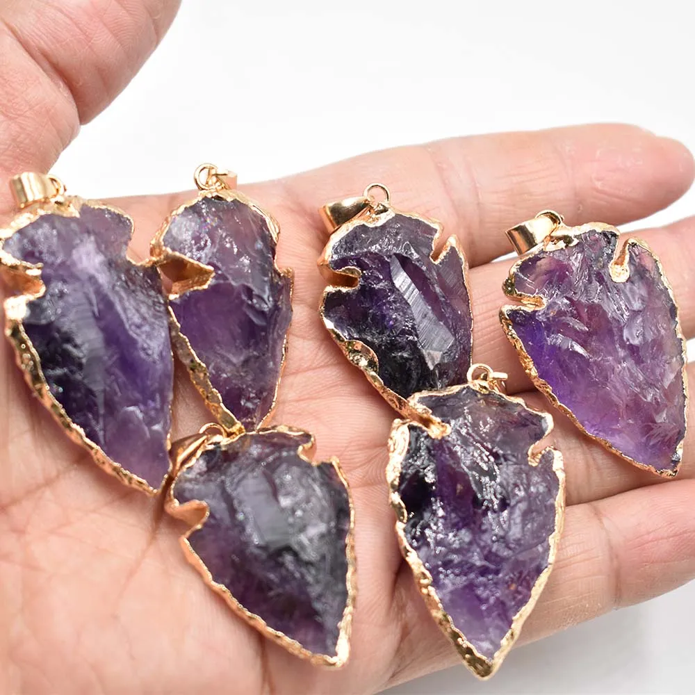 Good Quality Natural stone amethysts Arrowhead Pendant Electroplated Gold Color Raw Stone for jewelry making 6pcs/lot  Wholesale