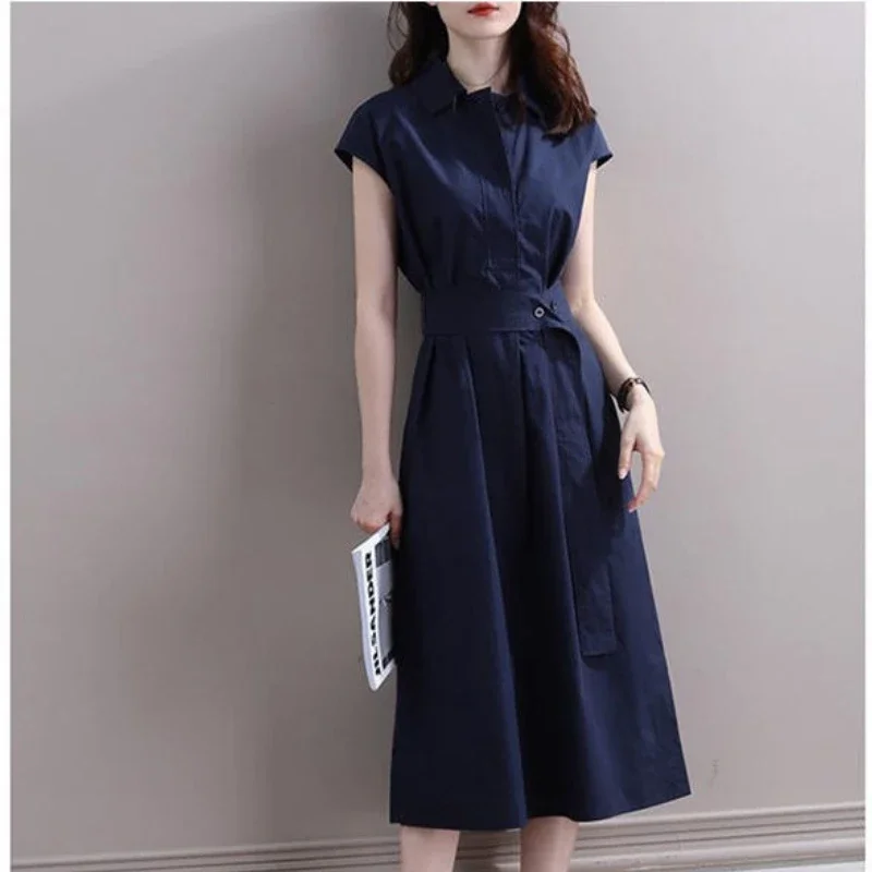 Summer Shirt Dress Short Sleeve Waist Fashion Grace French Fashion Belt Fashionable Minority Solid Color Dress Dimanaf New