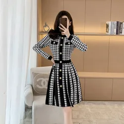 2024 Autumn and Winter New Light Luxury Small Fragrance Round Neck Houndstooth Long Sleeve Knit Dress Cinched Waist Pleated A-li