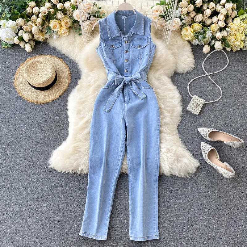 

Korean Version Retro Denim Sleeveless Jumpsuit. Summer New Temperament Lapel Solid Color Wide-leg Jumpsuit with Belt for Women