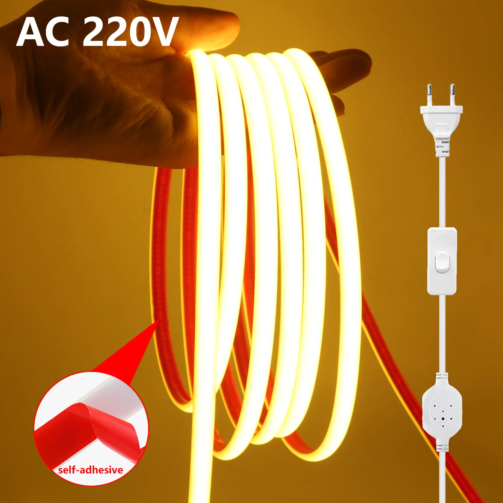 

COB LED Strip Light 220V 288LEDs/m Adhesive Tape with Switch IP67 Waterproof Flexible Ribbon for Home Garden Linear Lighting