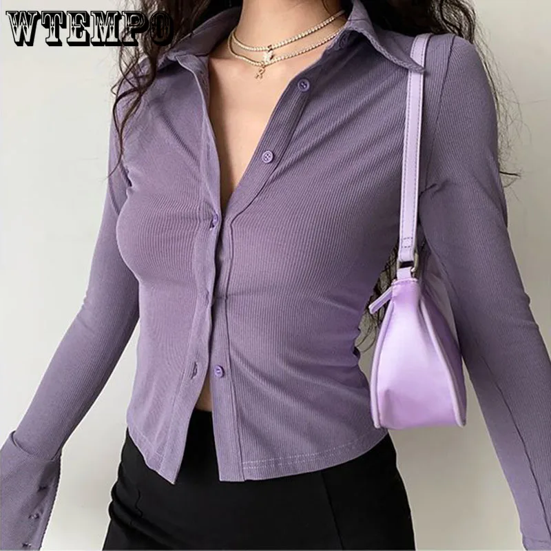 Purple Flare Sleeve Shirt Polo Lapel Women\'s Short Top Slim Sexy Thin Cardigan High Waist Navel Expose Korean Fashion Hottie