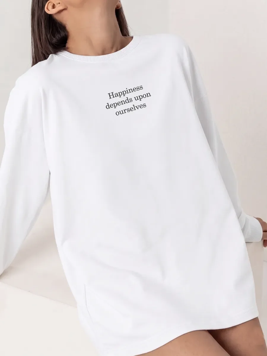 Autumn New Cotton Women Letter Printed T‑Shirt Oversized  Long Sleeve Loose Happiness Depends Upon Ourselves Casual Base Top