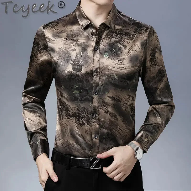 

Autumn Tcyeek 92.5% Mulberry Silk Shirt Casual High-end Men Clothing Printed Long Sleeve Top Mens Shirts Roupas Masculinas LM