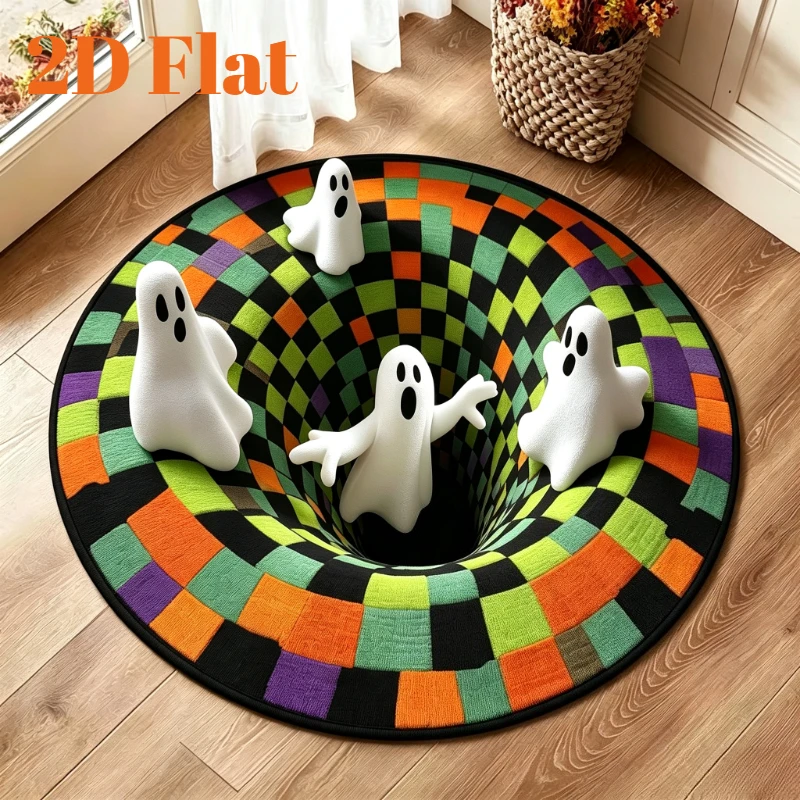 Colorful Checkered Tunnel Ghosts Emerging 3D Trap Round Rug For Playful Hallway Featuring Optical Illusion Carpet Trick