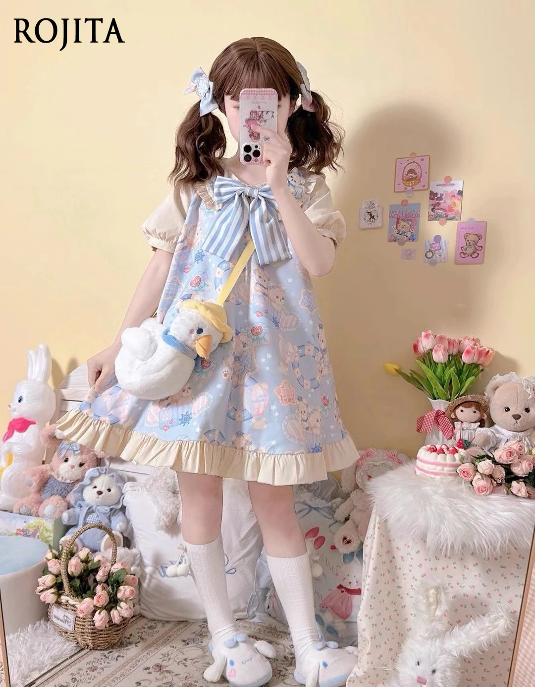 

Navy Collar Lolita Dress Women 2025 Summer Sweet Cute Striped Bow Tie Bubble Short Sleeve Cartoon Print Dress A-line Dress