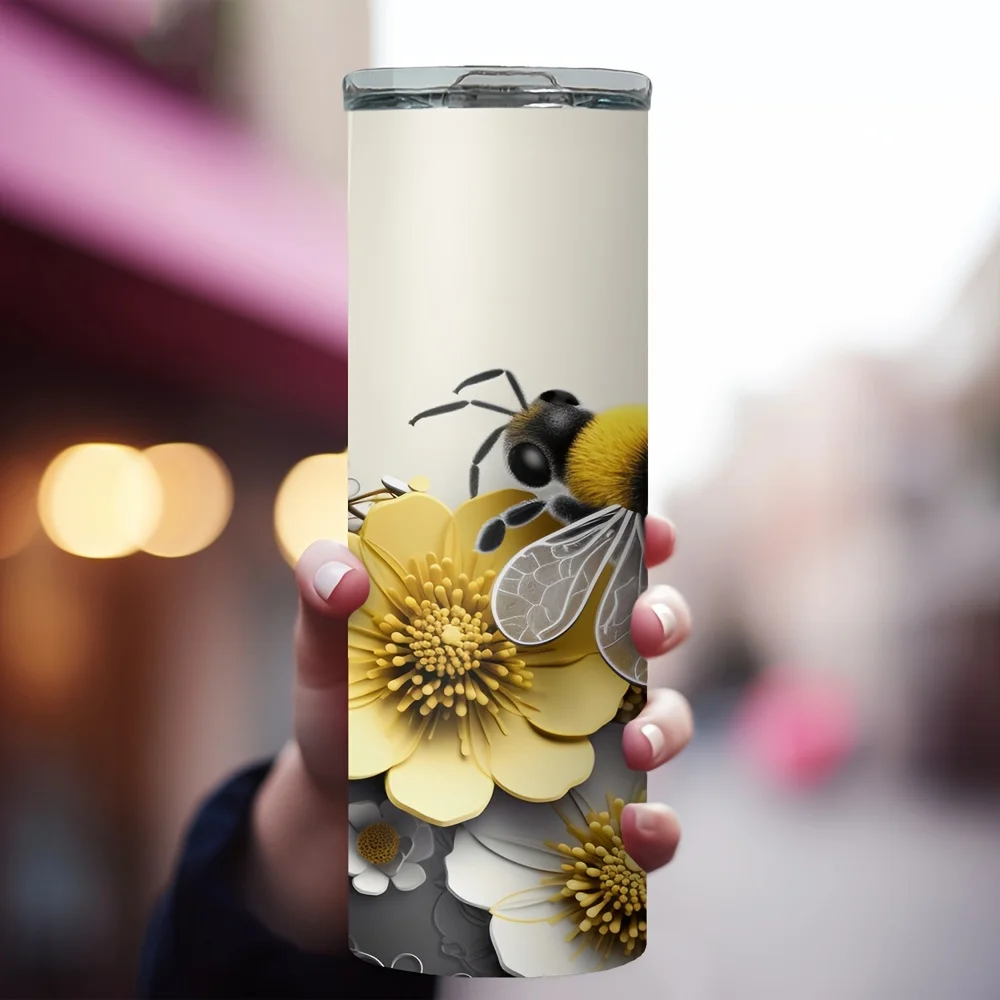 1pc 20oz Stainless Steel Insulated Tumbler with Bee and Flower Pattern, Straw Included - Ideal for Car/Home Use & Gift to Family or Friends