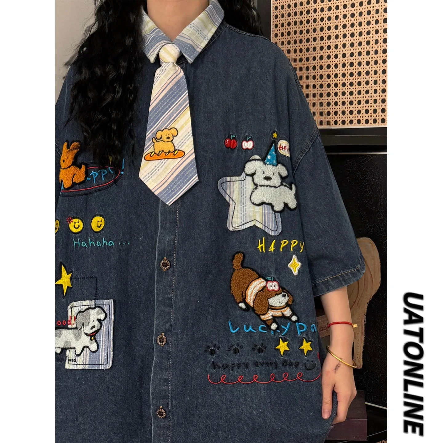 

UATONLINE2026 Summer American Retro College Style Fun Little Dog Embroidery Denim Short Sleeve Women's Trendy Shirt