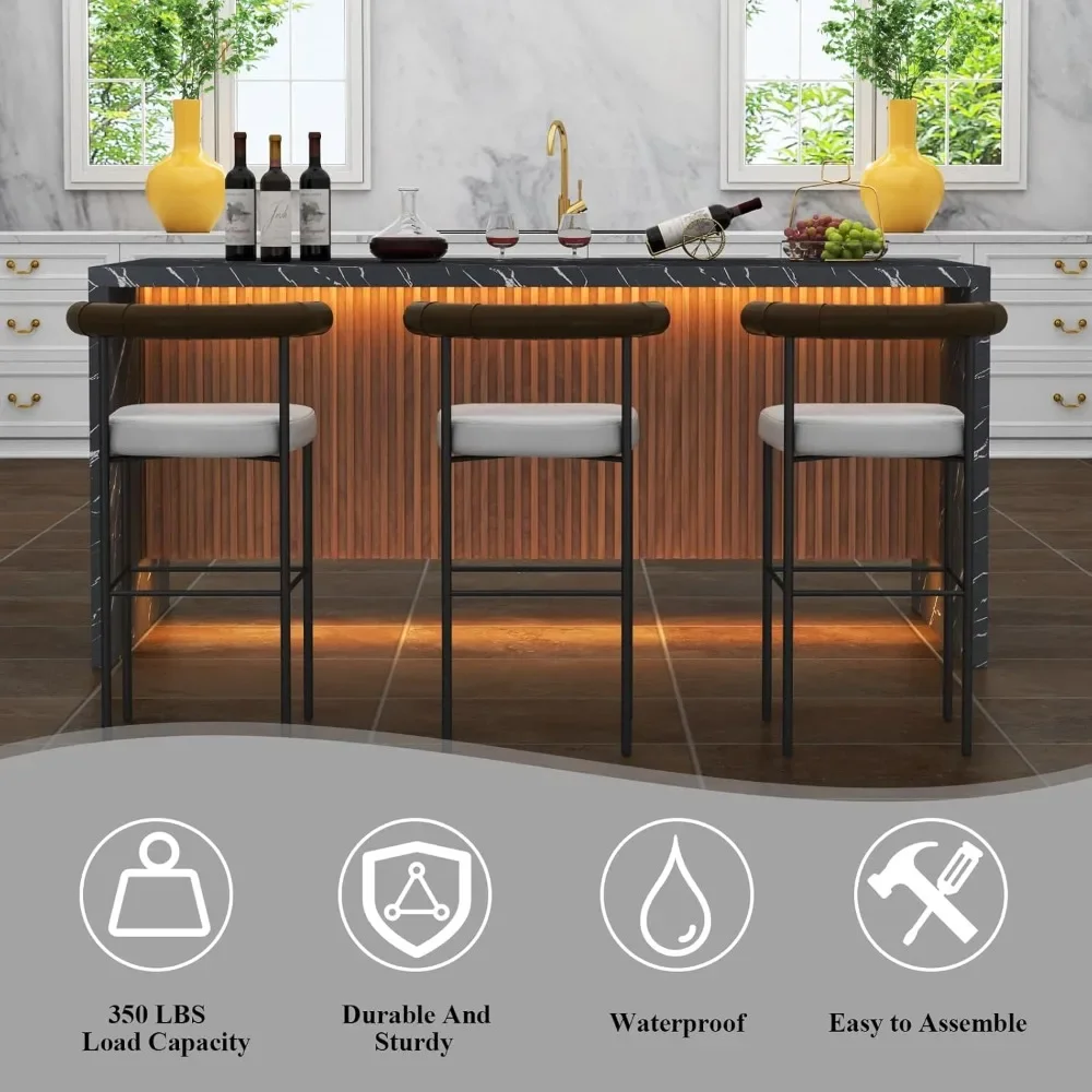 71 Inch Large Imitation Marble Dining Table, Island Table with Led Light, Modern Marble Stripe Kitchen Dining Table