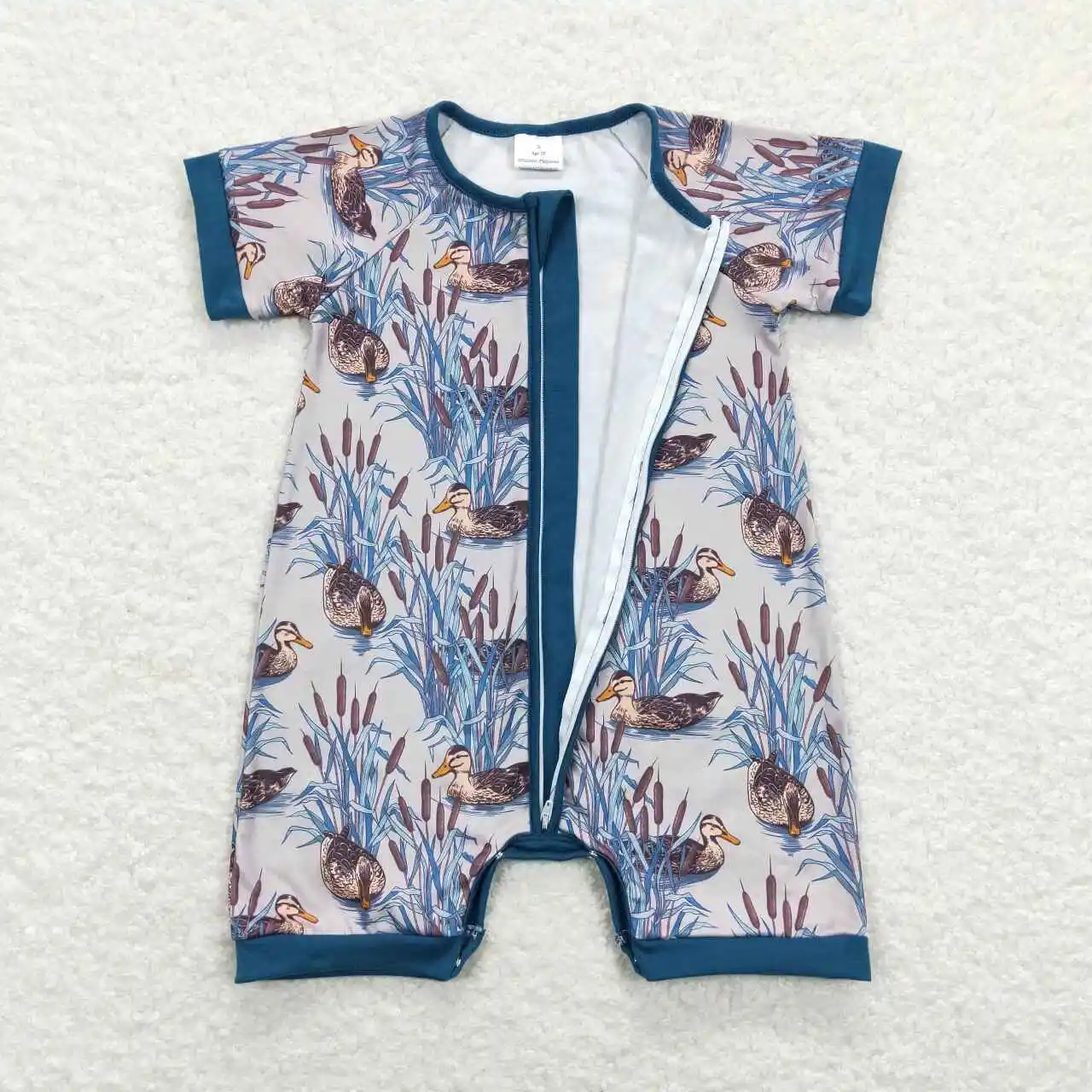 Wholesale western boutique rompers hot sale baby kids newborn toddler clothes Duck Blue Zip Short Sleeve Jumpsuit