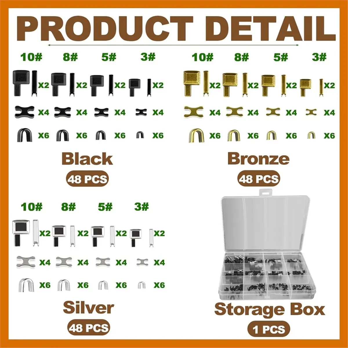 

Набор для ремонта молний из 144 предметов: 4 размера (3, 5, 8, 10), вставные штифты, 3-цветные ограничители и коробка для фиксаторов