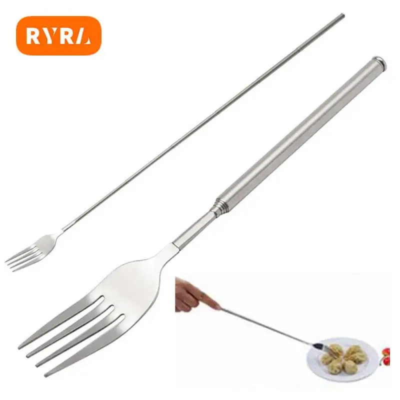 BBQ Telescopic Extendable Fork Dinner Fruit Dessert Long Handle Cutlery Forks Meat Fork Kitchen Accessories 64CM Extended Length