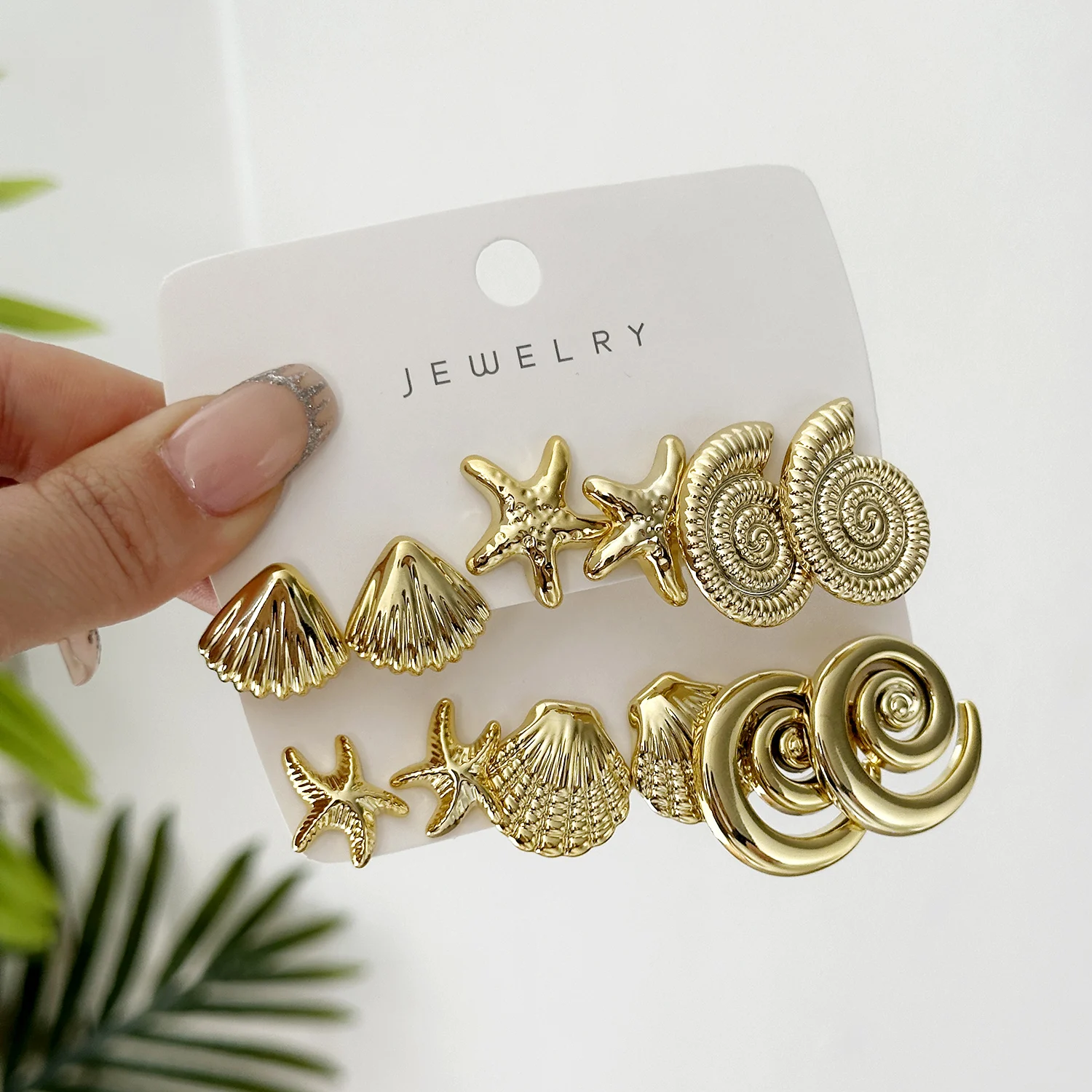 6pcs/Set Trendy Gold Color Shell Starfish Stud Earrings for Women Creative Textured Ocean Series Beach Jewelry Gift 2026