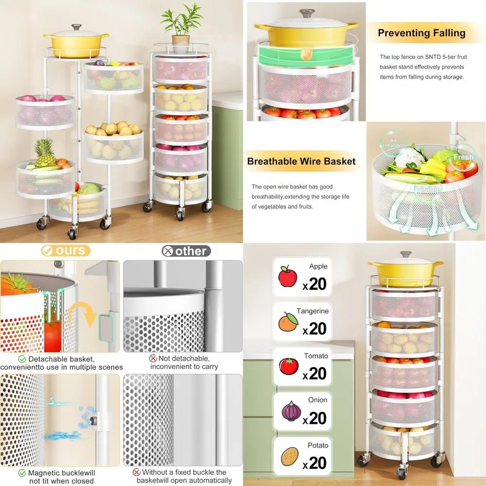 

SNTD Fruit and Vegetable Basket Bowls for Kitchen with Metal Top Lid, 5 Tier Rotating Storage Rack Cart for Potato Onion Banana,
