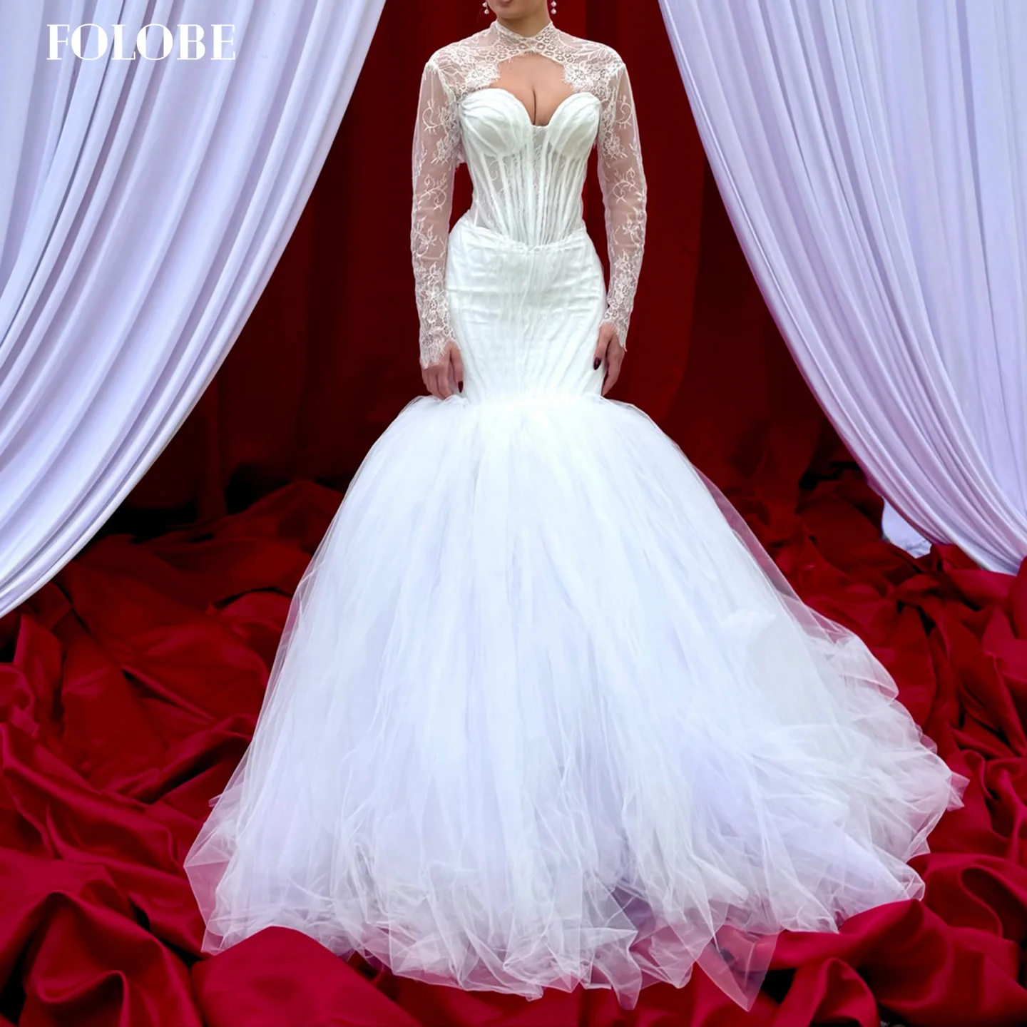 

FOLOBE Sweetheart Gorgeous Mermaid Luxury Wedding Dress Sleeveless Tulle Lace Beading Princess Bride Dresses Customized