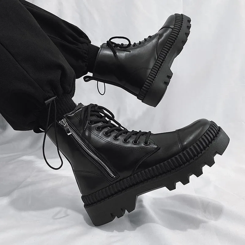 Boots for men 2025 British style high top leather boots with side zippersautumn and winter workwear shoes thickened and warm