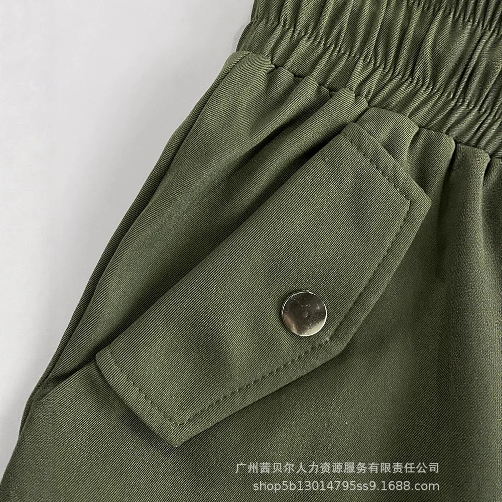 Mulheres simples bolsos laterais calças de carga ativa casual cintura elástica perna reta calças com punho moda verão