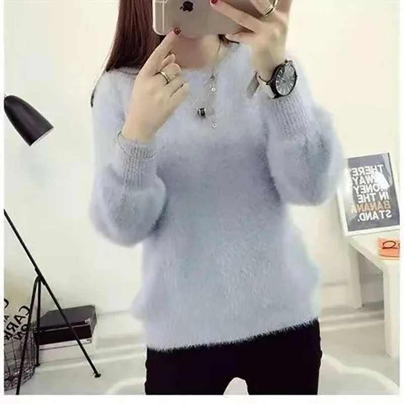 Autumn Winter Imitation Mink Fleece Sweater for Women 2022 New Knitwear Thick Half High Neck Inner Knitted Bottom Top Pullovers