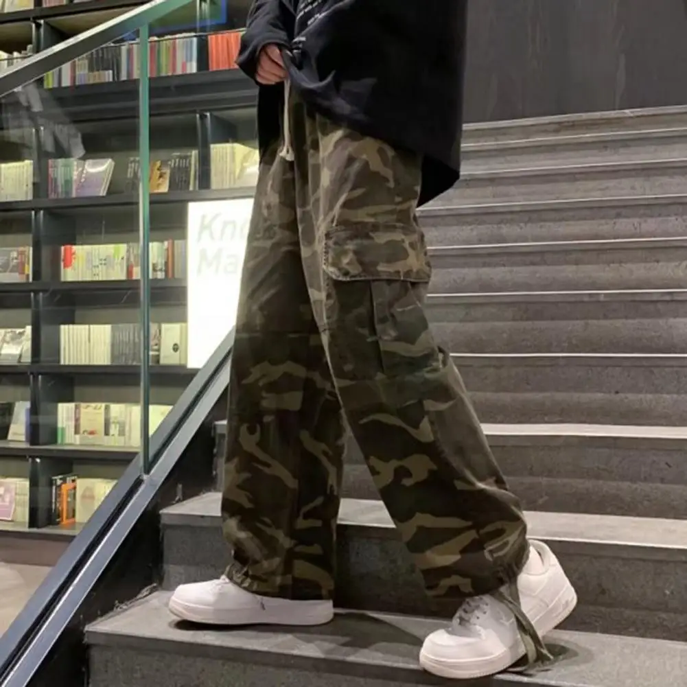 

Men Baggy Pants Camouflage Multiple Pockets Elastic Waist Ankle Tied Streetwear Spring Autumn Hip Hop Loose Trouser for Sports