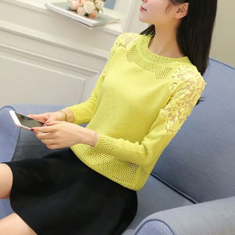 Autumn Winter New Lace Patchwork Hollow Out Beading Jumper Ladies Loose Casual Solid Color Knitting Top Women Bottoming Sweater