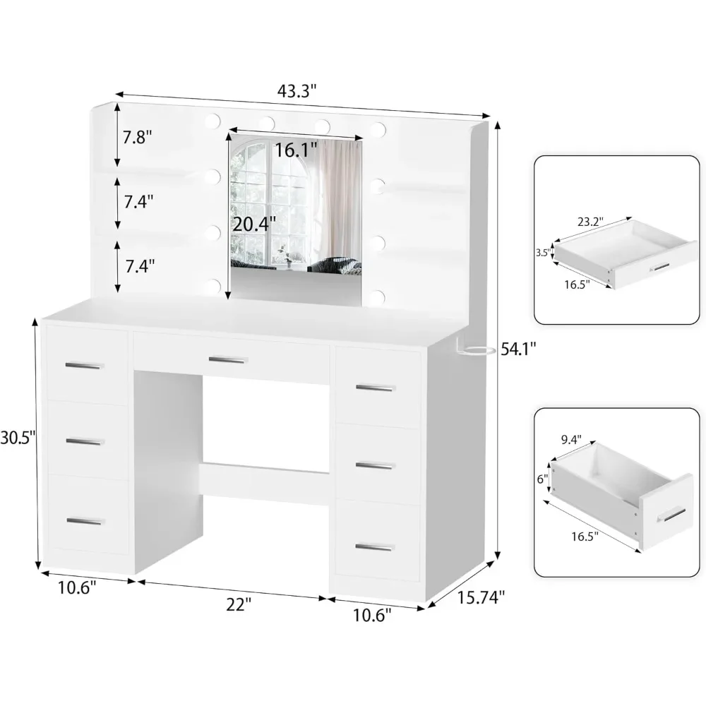 Makeup Vanity Desk with Power Outlet, 7 Drawers Vanity Table with Cushioned Stool, 3 Lighting Modes Brightness Adjustable,White