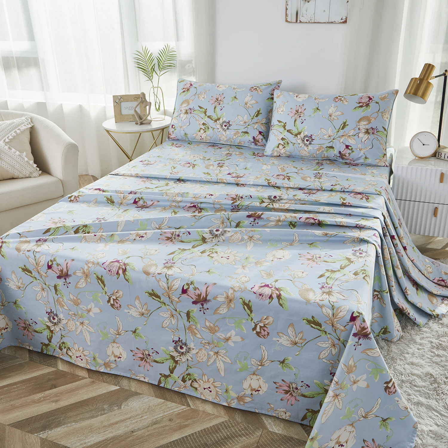 

4pcs 600 TC 100% Egyptian Cotton Fitted Sheet Set (Without Core), Vintage Classic Colorful Floral In Blue, Soft & Skin-friendly