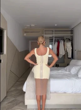 Women White Kint Mini Dress Double Layer Sheer Mesh Under Skirt U Neck Sleeveless Slim Vestido Midi Lady Casual Party Dresses 5