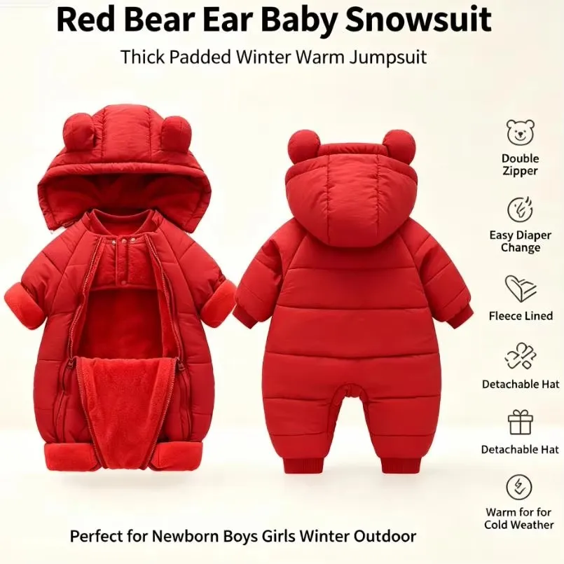 Neuer süßer Baby-Winteroverall mit Bärenohren und Kapuze, Kälteschutz-Skibekleidung, verdickte Baumwolle und Samt-Innenseite, Neugeborenen-Jumpsuit 0-2 Jahre – Detail 2