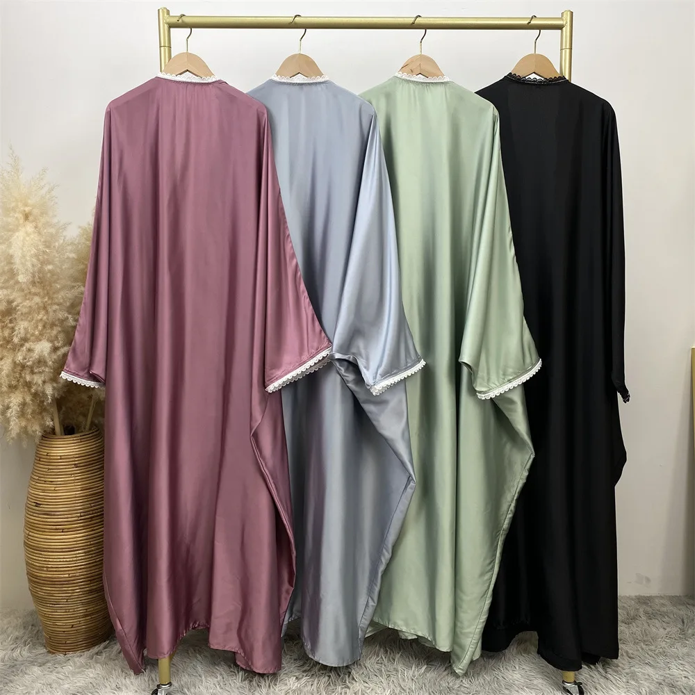 Ramadan Batwing Kimono เปิด Abayas สําหรับผู้หญิงมุสลิมชุดซาติน Kebaya ดูไบเปิด Abaya ชุดกิโมโนเสื้อสเวตเตอร์ถักเสื้อผ้าอิสลาม Kaftan